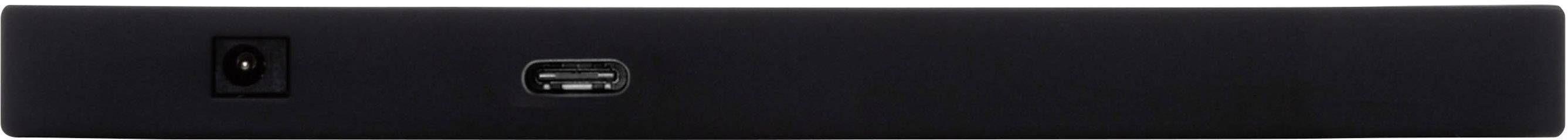 Baksidan av en svart soundbar med strömkontakt och USB-anslutning i mitten.