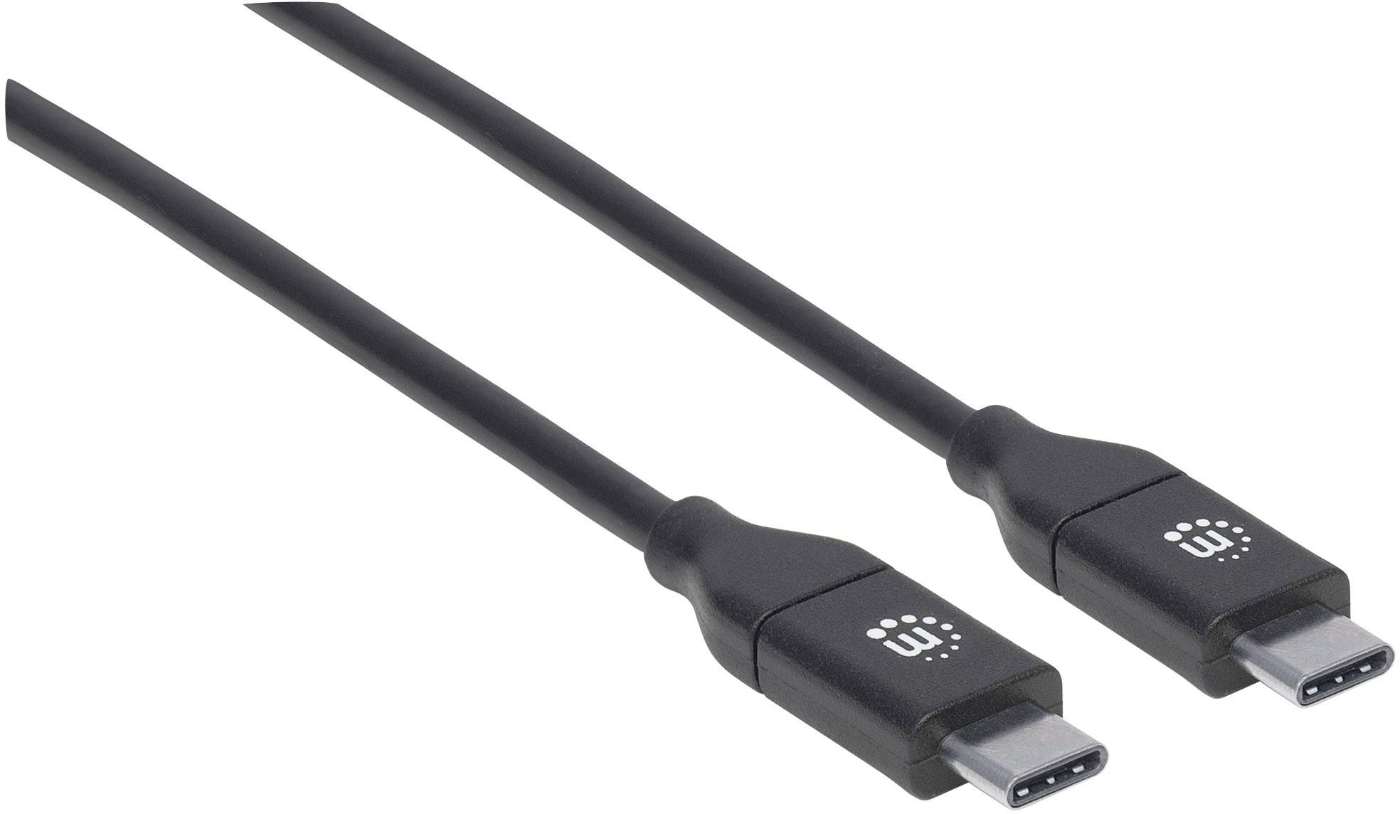 Ett svart USB-C-kabel med anslutningar på båda ändar och ett präglat logo på kontakterna. Lämplig för dataöverföring och laddning.