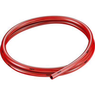 En röd plastslang, ringformigt arrangerad. Lämplig för användning i pneumatiksystem för transport av luft eller vätskor.