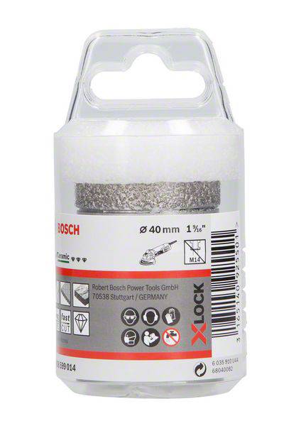 Förpackning för ett slipverktyg från Bosch med X-Lock-system, 40 mm diameter, lämplig för keramik. Innehåller tekniska symboler.