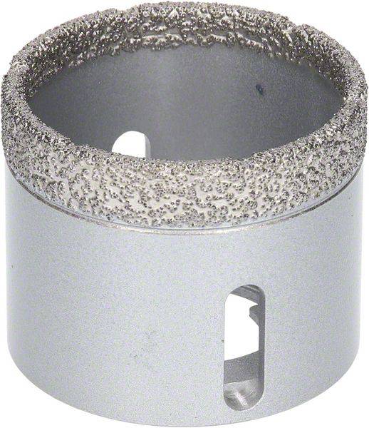 Borrkrona av silverfärgad metall med en råhuggen, kornig egg upptill och två rektangulära urtag på sidorna.