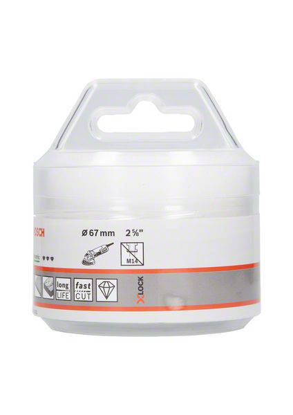 Ett cylindriskt plastfodral med handtag, som innehåller ett runt sågblad med diametern 67 mm. Varumärke och symboler synliga.