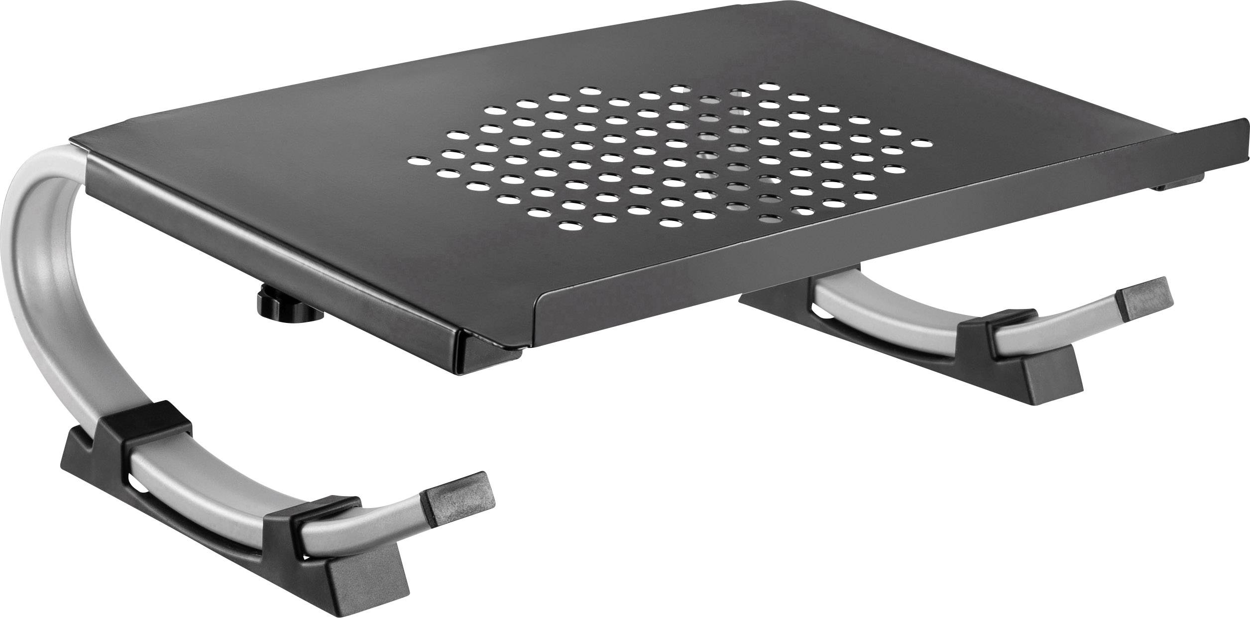Svart, justerbar laptopställning i metall med ventilationshål på ytan för förbättrad kylning.