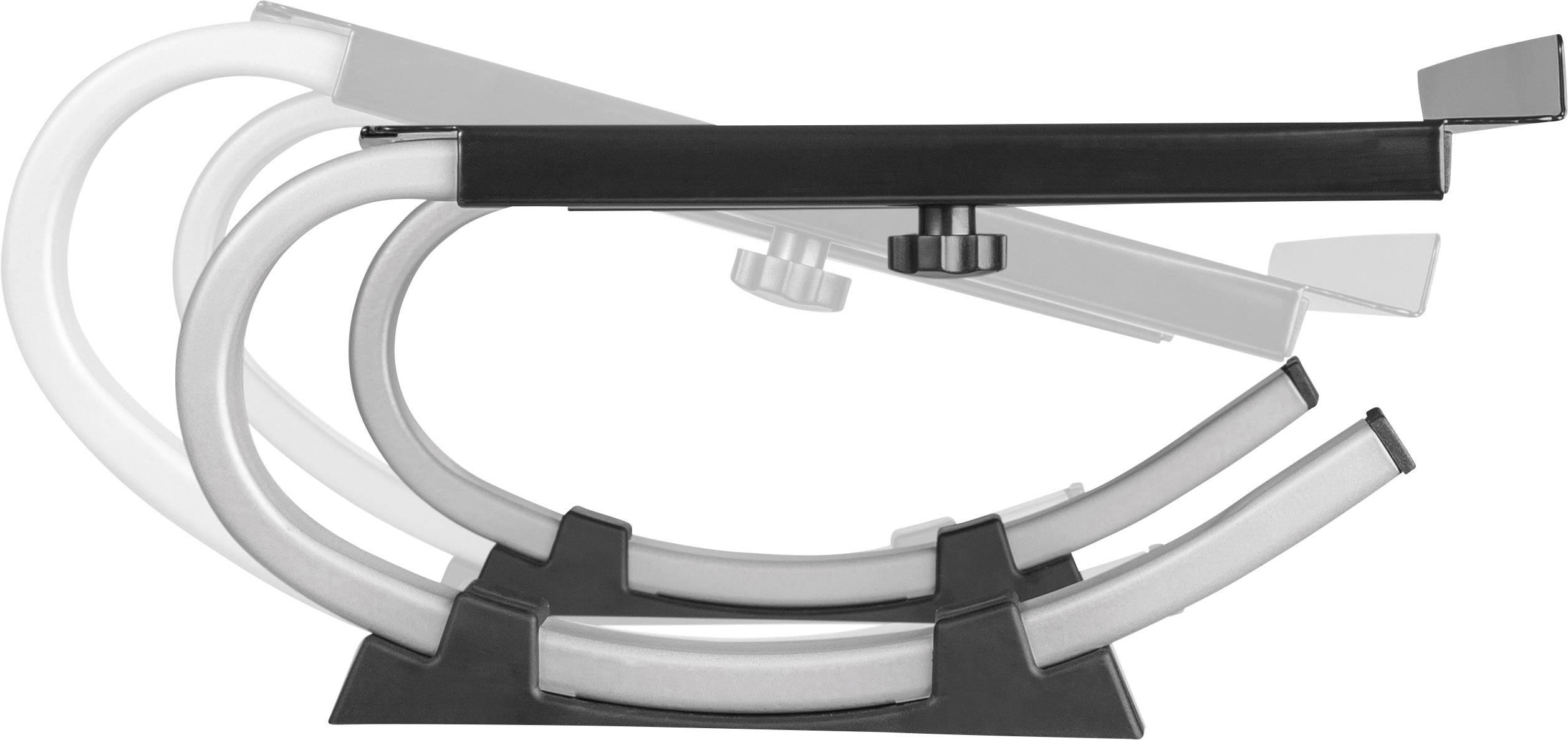 En justerbar laptopställning med flera lutningsvinklar, svart och grå, monterad på ett bord.