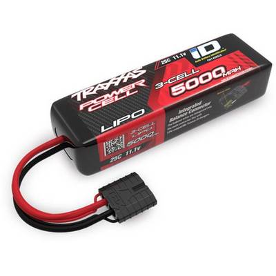 En svart LiPo-batteri från märket Traxxas med röd märkning, '3-Cell 5000mAh', visar två anslutningsledningar och en kontakt.