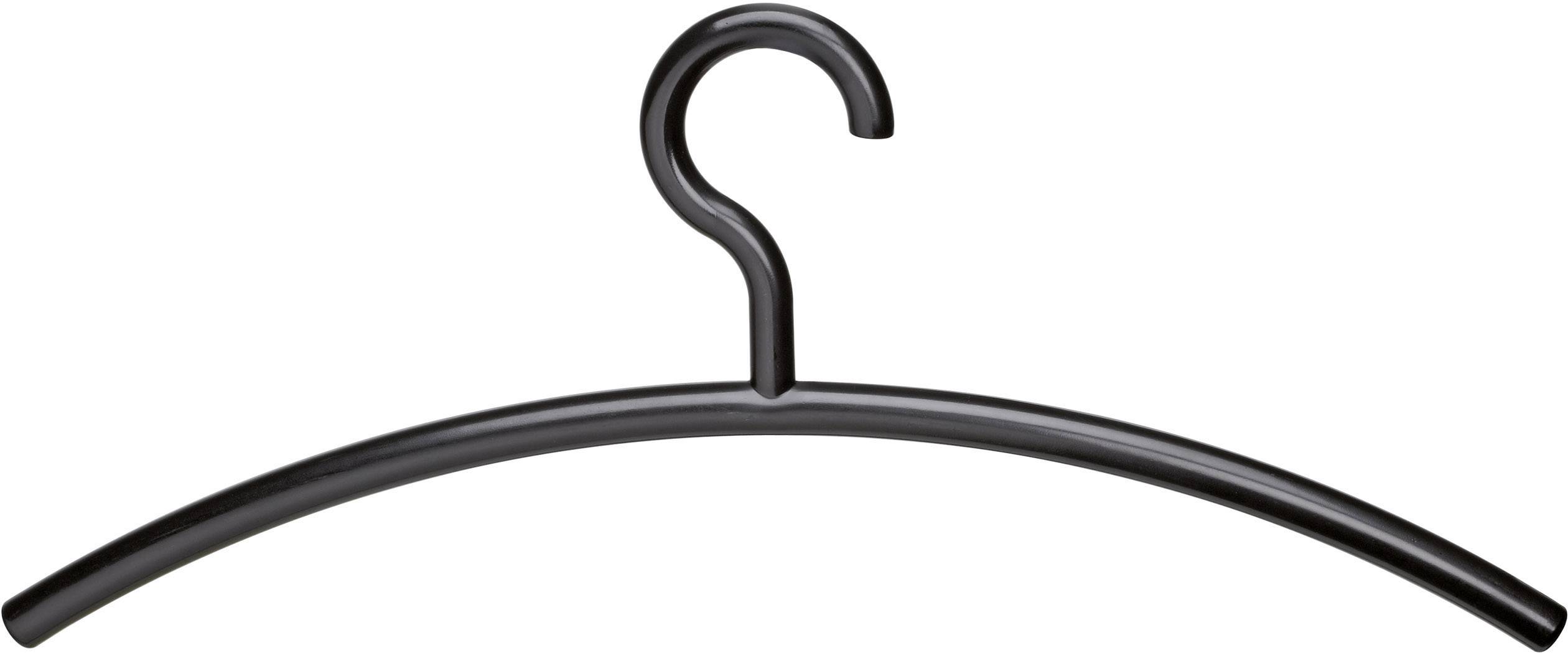 En svart klädhängare av plast med en krok överst.