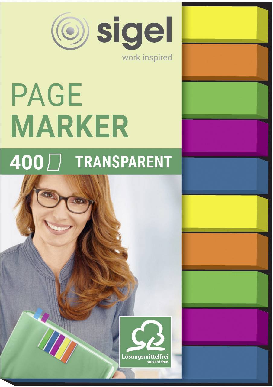 'Page Marker 400 Transparent' från Sigel: Färgade häftande markeringsremsor i blockform, självhäftande. Kvinna med glasögon i bakgrunden ler.