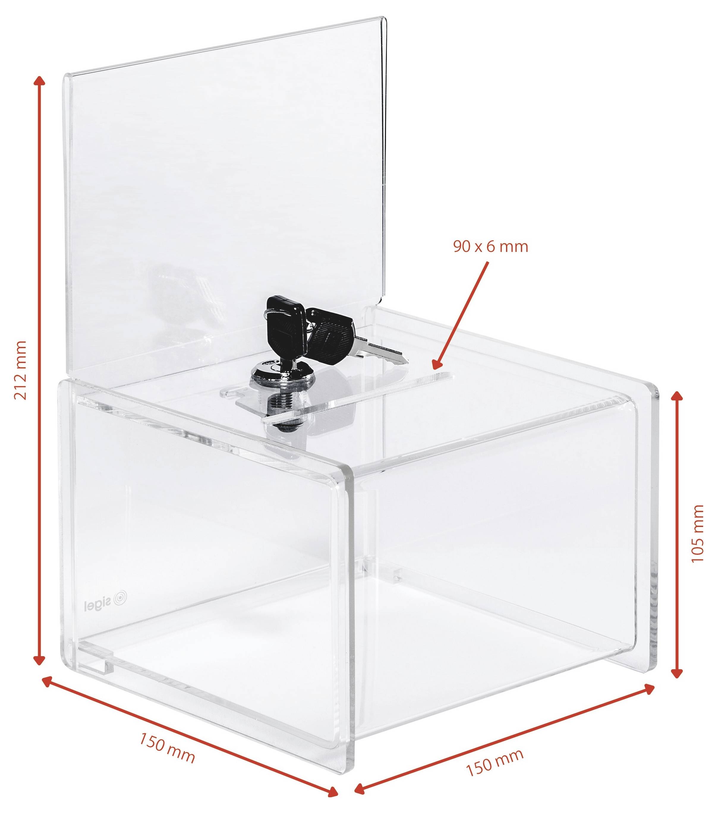 Noterad transparent låda med gångjärnslock, nyckelstängning och märkta dimensioner: 150 x 150 mm bas, 105 mm höjd, 212 mm totalhöjd, 90 x 6 mm spalt.