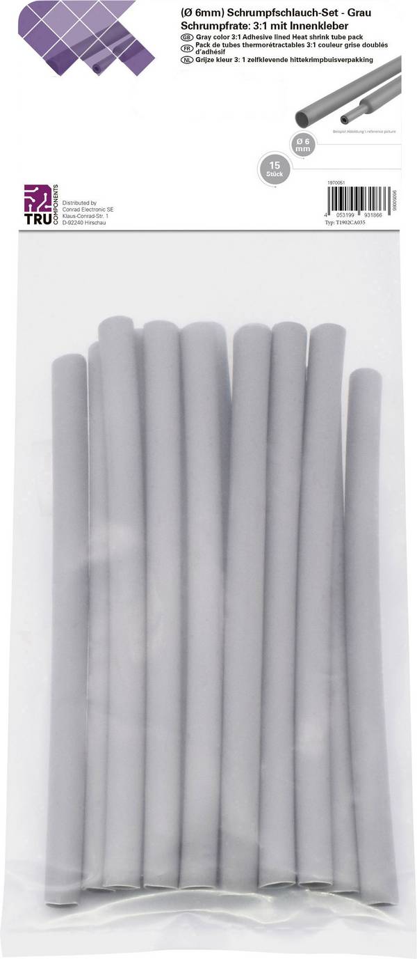 TRU COMPONENTS T1902CA035 Krympslang sortiment Grå 6 mm 2 mm Krympförhållande:3:1 15 st