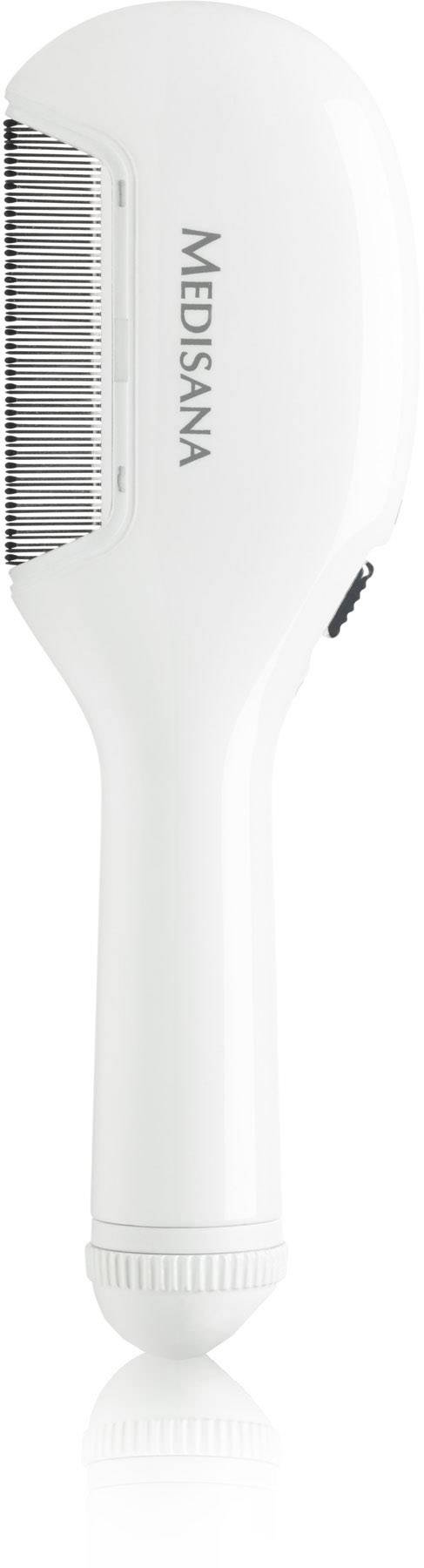 En vit elektrisk kam med texten 'Medisana' på handtaget, lämplig för vård av husdjur eller hår.