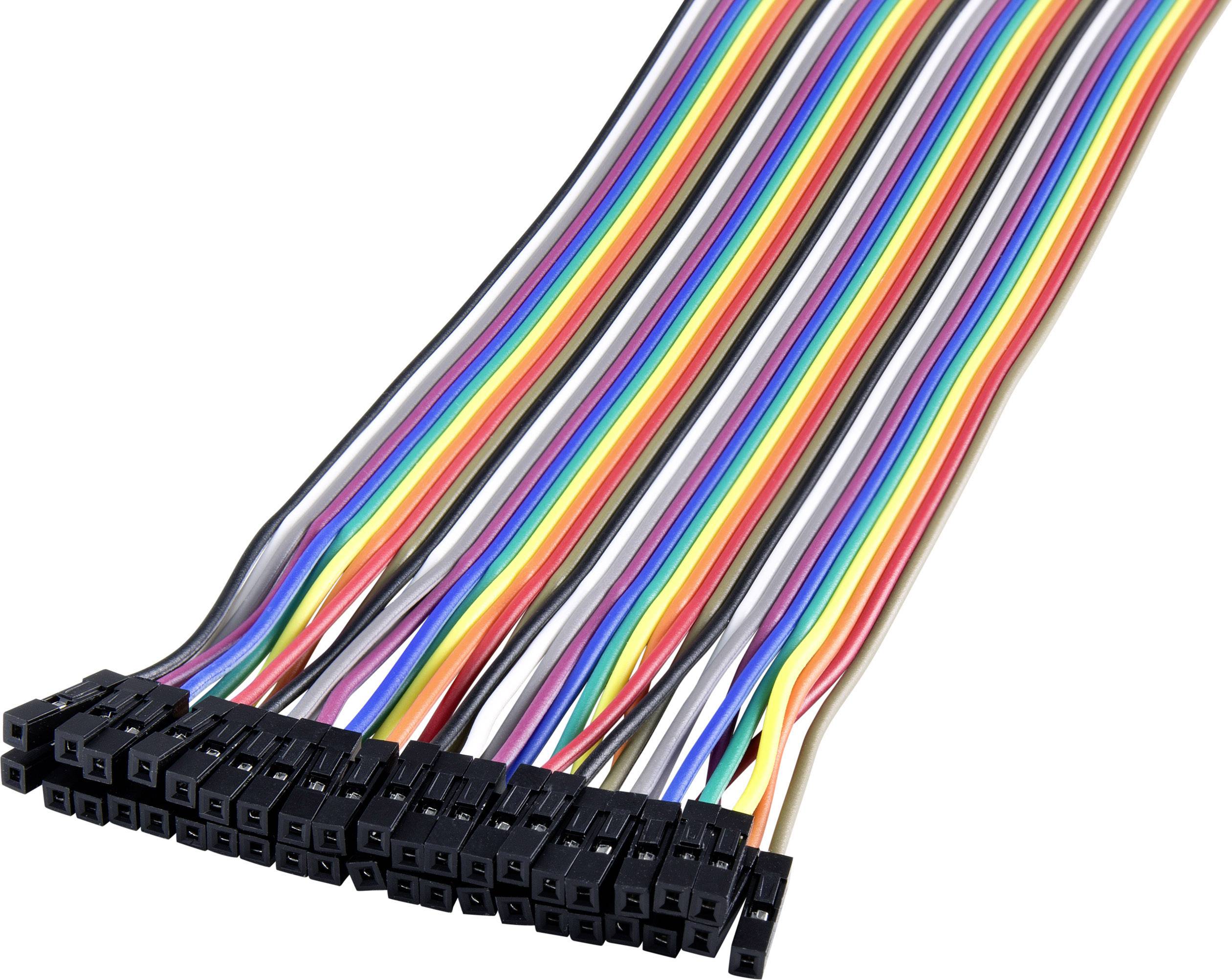 Mångfärgade hoppkablar med svarta kontakter, liknande ett platt bandkabel, för att ansluta elektroniska komponenter.