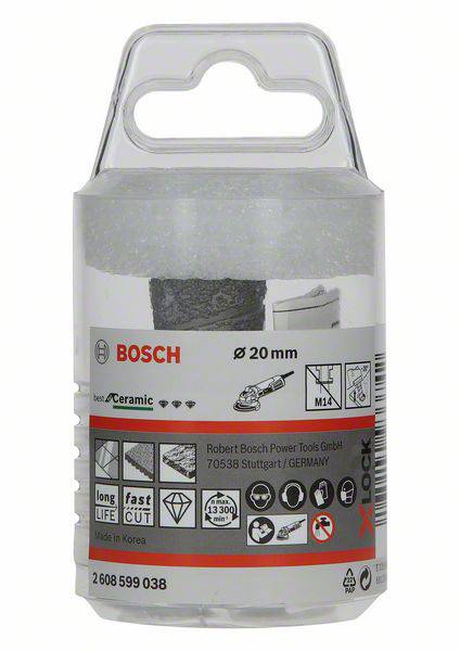 Bosch diamantborrkrona, Ø 20 mm, lämplig för keramik. Förpackningen visar användningssymboler och tillverkningsinformation.
