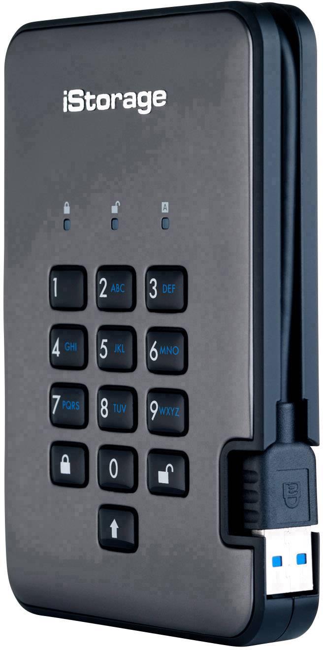 Extern hårddisk med numeriskt tangentbord för inmatning av åtkomstkod. USB-kabel fastklämd vid sidan. Märke: iStorage.