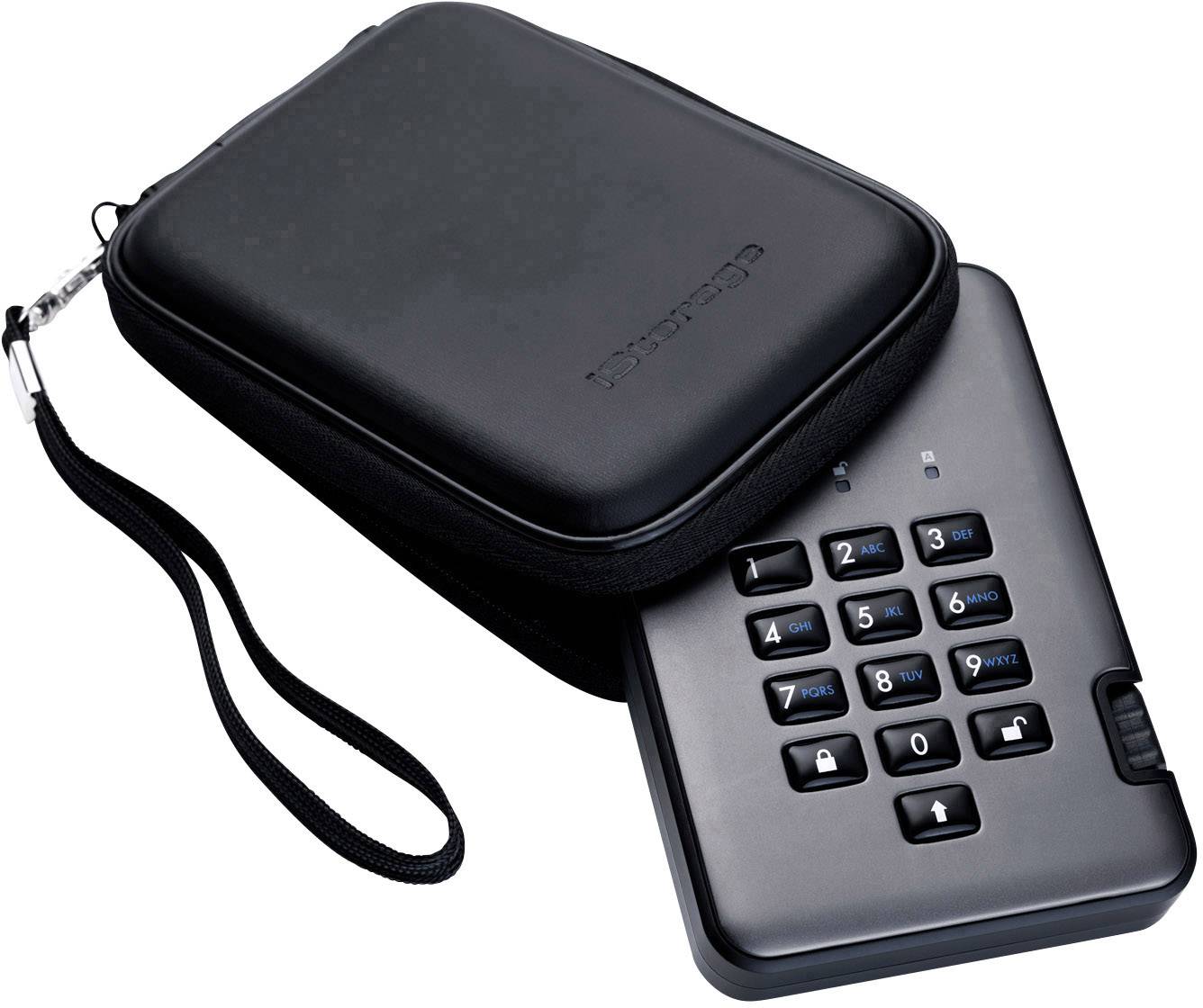 Svart, bärbar elektronisk enhet med ett tangentbord och ett fodral, möjligen ett krypterat lagringsmedium.