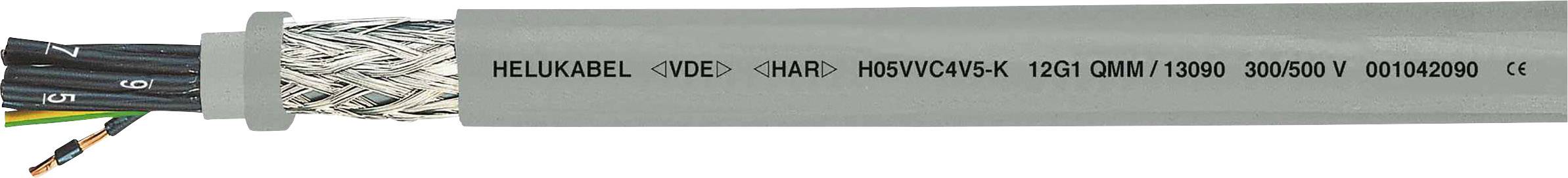 En grå kabel märkt 'Helukabel VDE H05VVC4V5K 1250 CMM / 1000 300/500 V 00104000', visar kabeltyp och specifikationer.