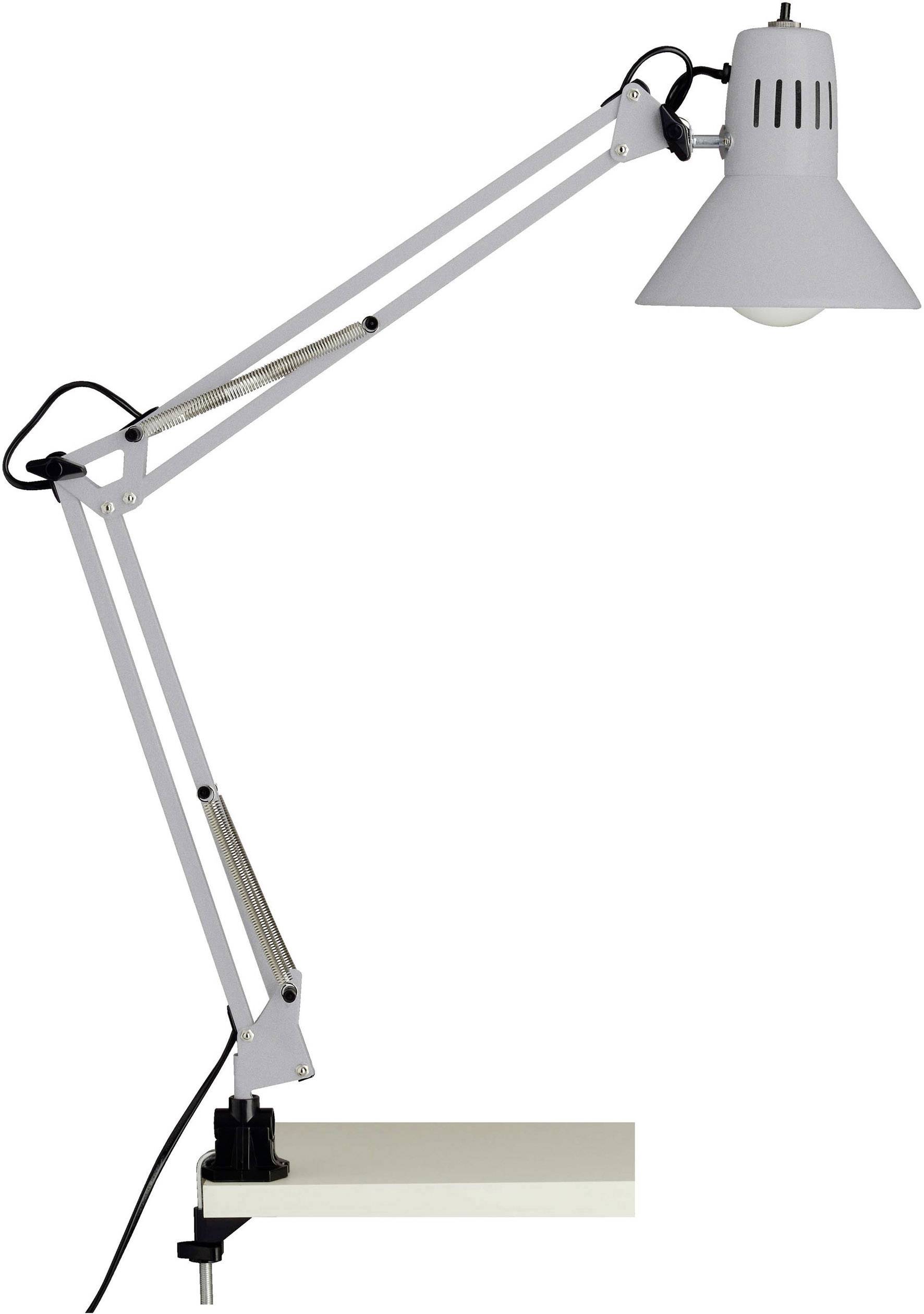 Vit skrivbordslampa med justerbar arm, monterad på ett bord.