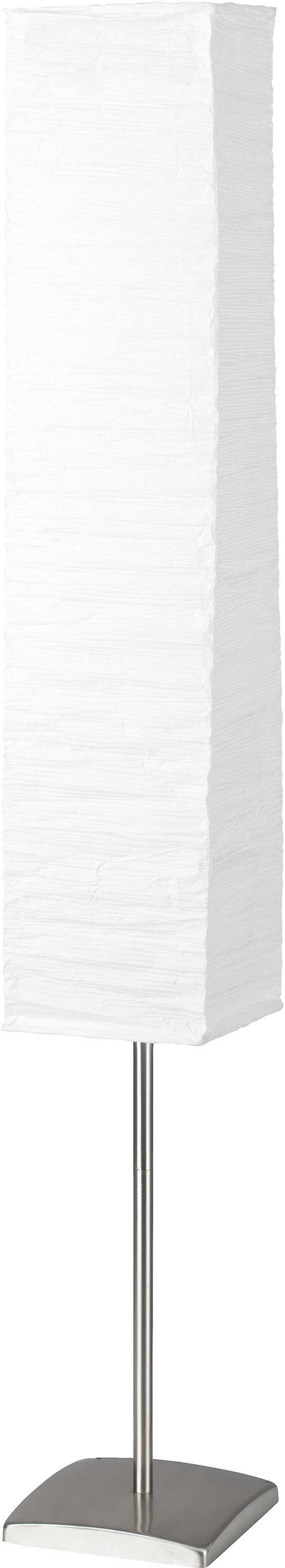 En modern, hög golvlampa med rektangulär, vit lampskärm och silvrig metallbas. Lämplig för minimalistisk rumsdesign.