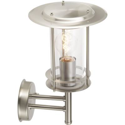 Vägglampa av borstad metall med klart glas och synlig glödlampa, lämplig för moderna inom- eller utomhusytor.
