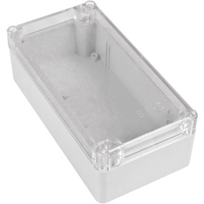 Liten, rektangulär, transparent elektroniklåda av plast med avtagbart lock. Lämplig för skydd av elektroniska komponenter.