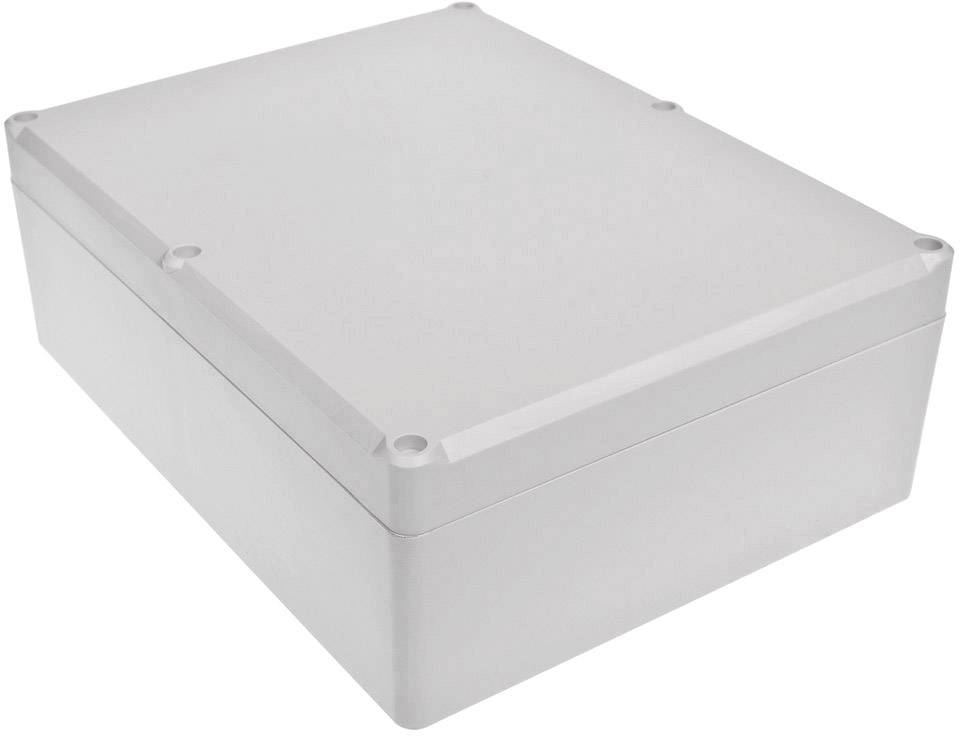 Ett rektangulärt, grått elektronikfodral med avrundade hörn och skruvlås vid hörnen på ovansidan.