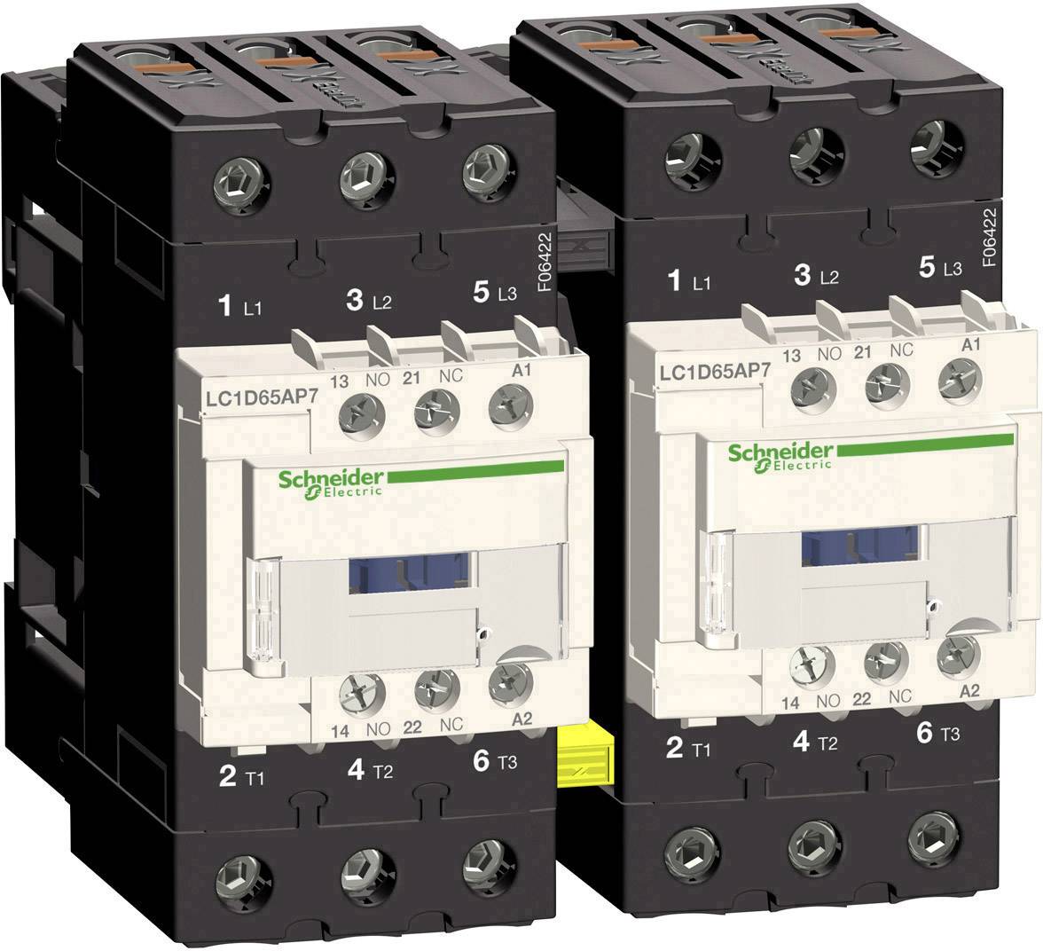 Två svarta effektbrytare med vita märkningar från Schneider Electric, modell LC1D65AP7, med synliga anslutningar överst och underst.