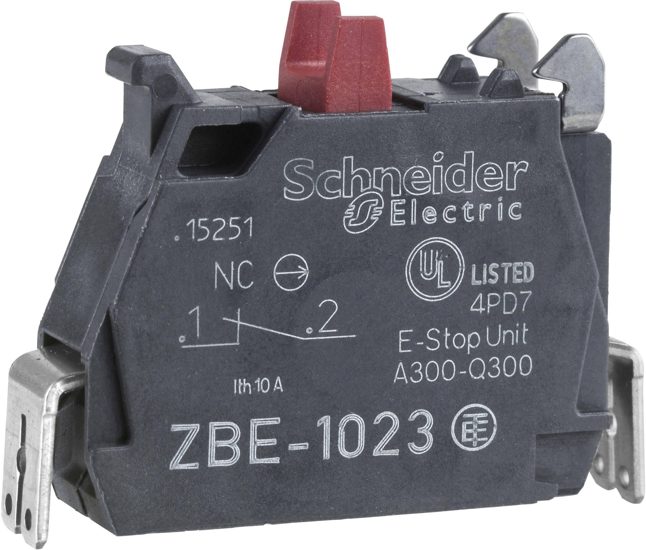 En svart manövermodul från Schneider Electric med röd tryckknapp. Modell ZBE-1023, lämplig för nödstopp.