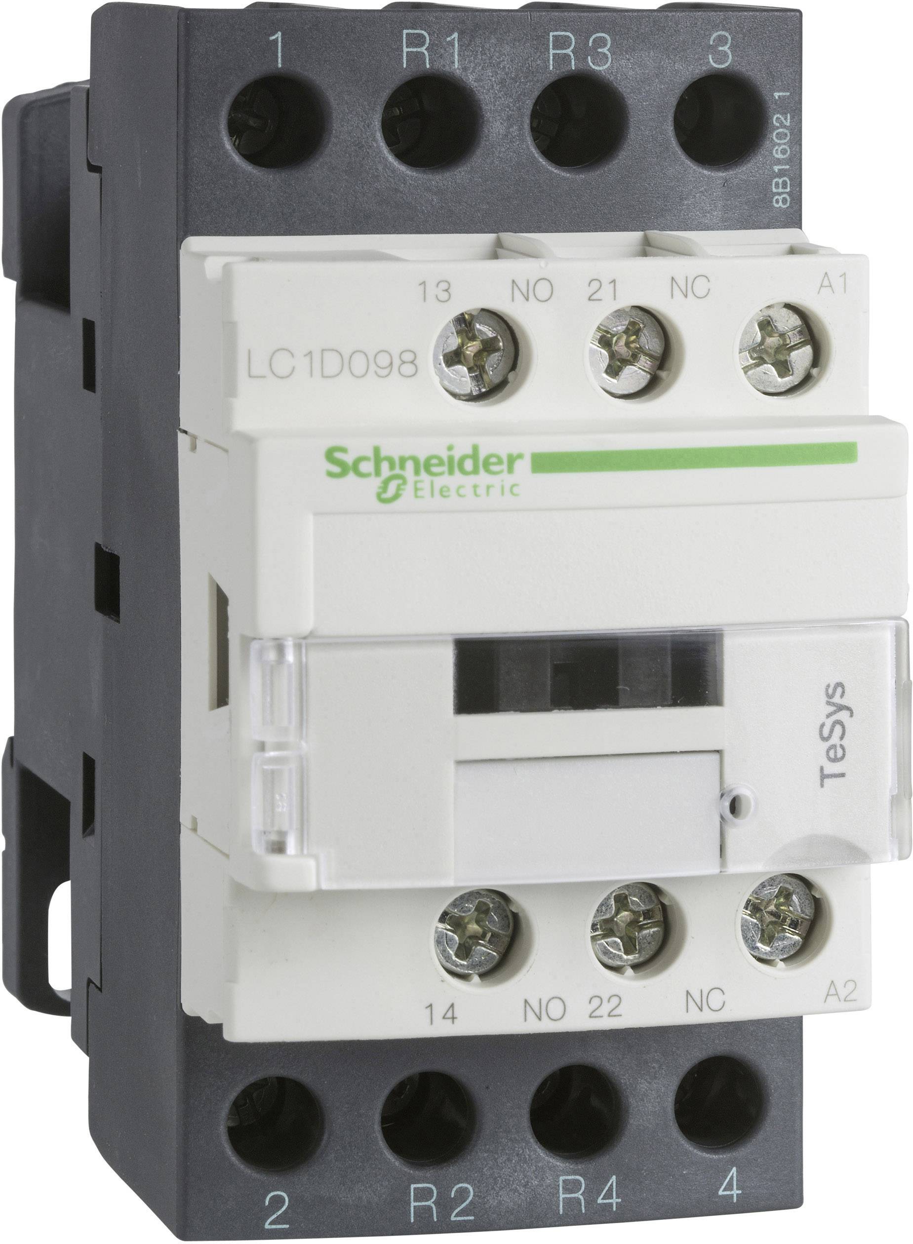 En elektrisk kontaktor från Schneider Electric, modell LC1D098, med anslutningar och märkningar för styr- och switchfunktioner.