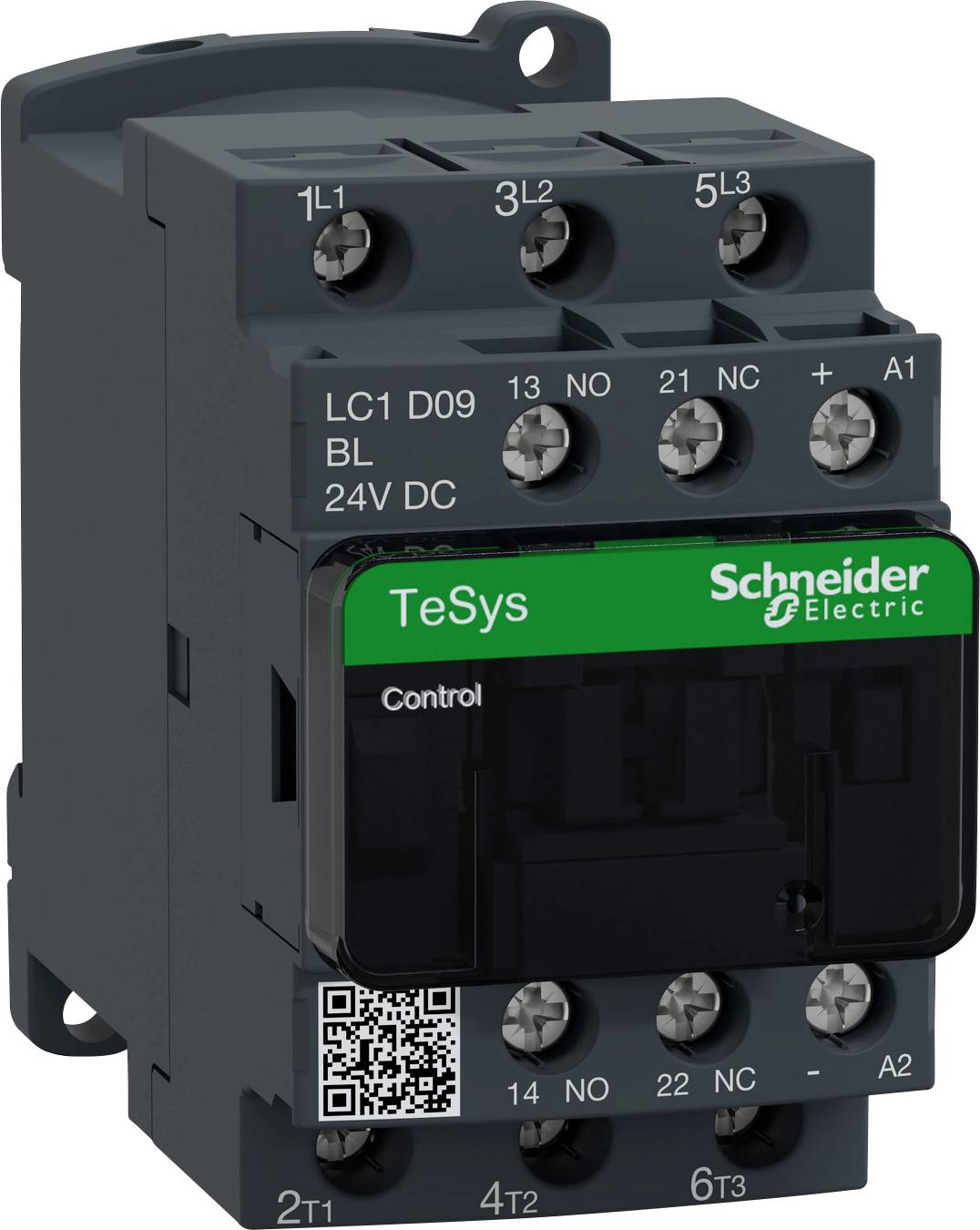 Schneider Electric TeSys LC1 D09 B1 24V DC-kontaktor med märkta anslutningar och en fram-QR-kod på en vit bakgrund.