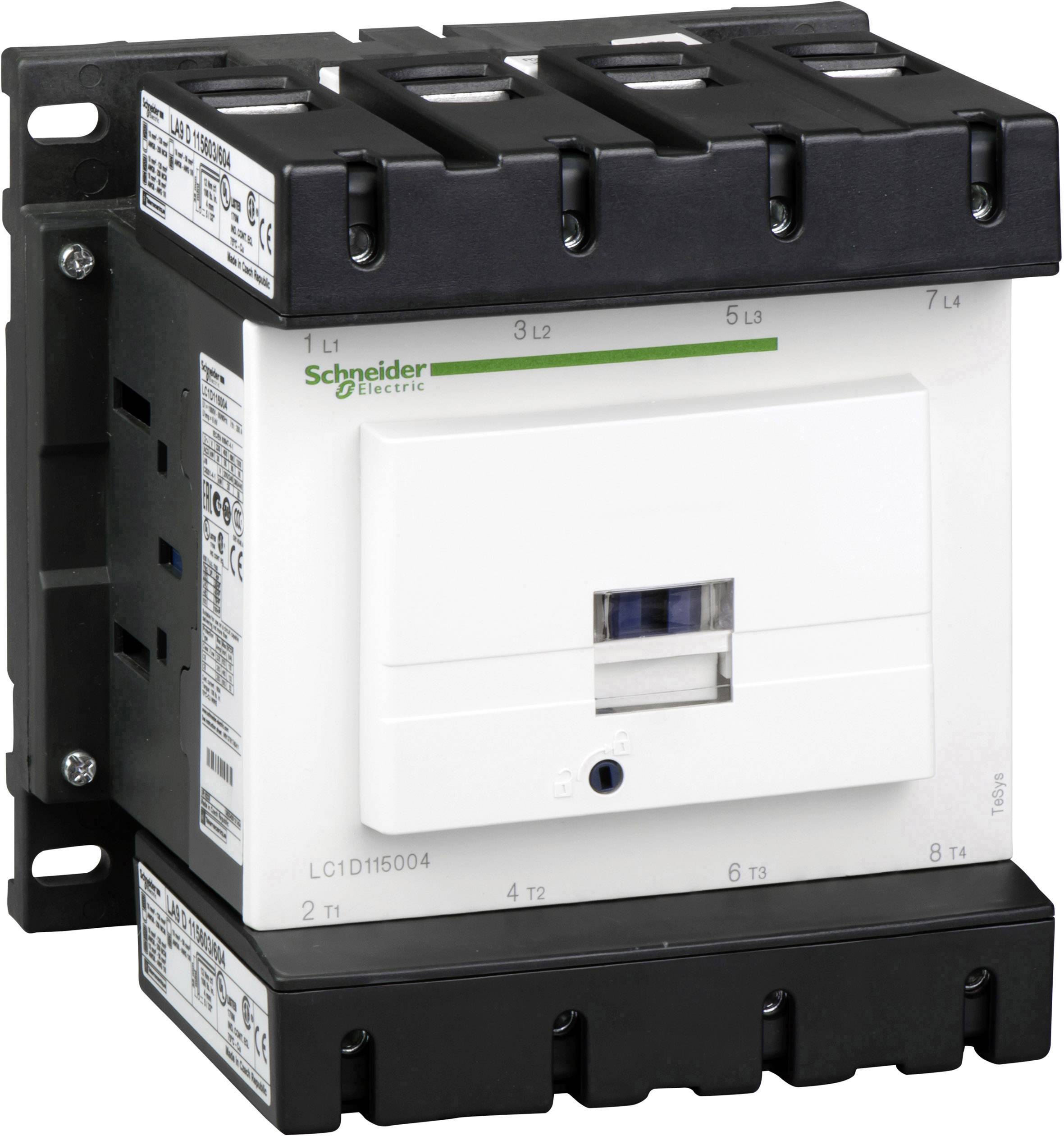 Kontaktor med flera anslutningsklämmor, primärt vit med svart hölje, varumärket 'Schneider Electric' synligt.