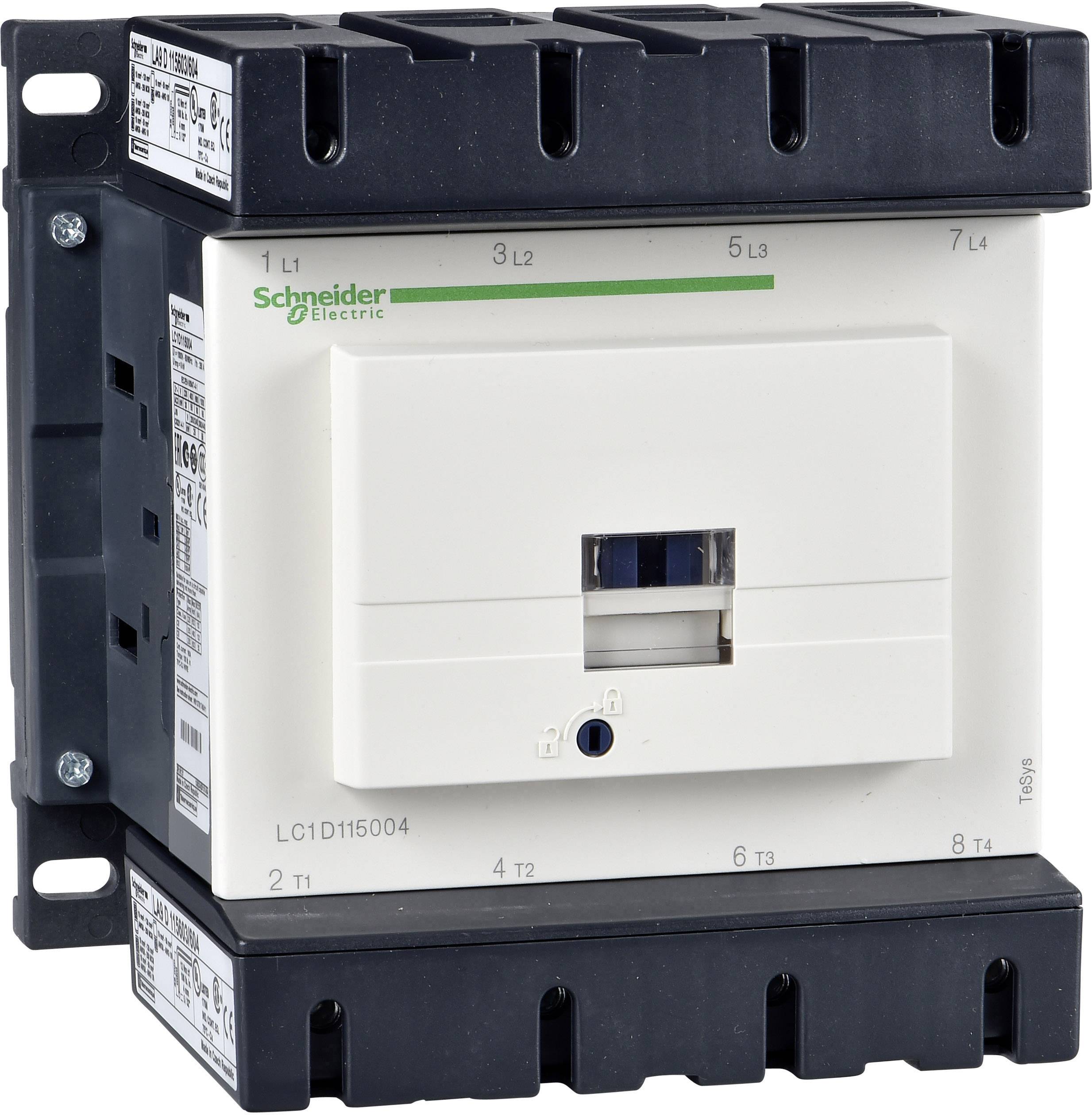 En vit effektbrytare från Schneider Electric, modell LC1D115004, med svarta sidofästen.