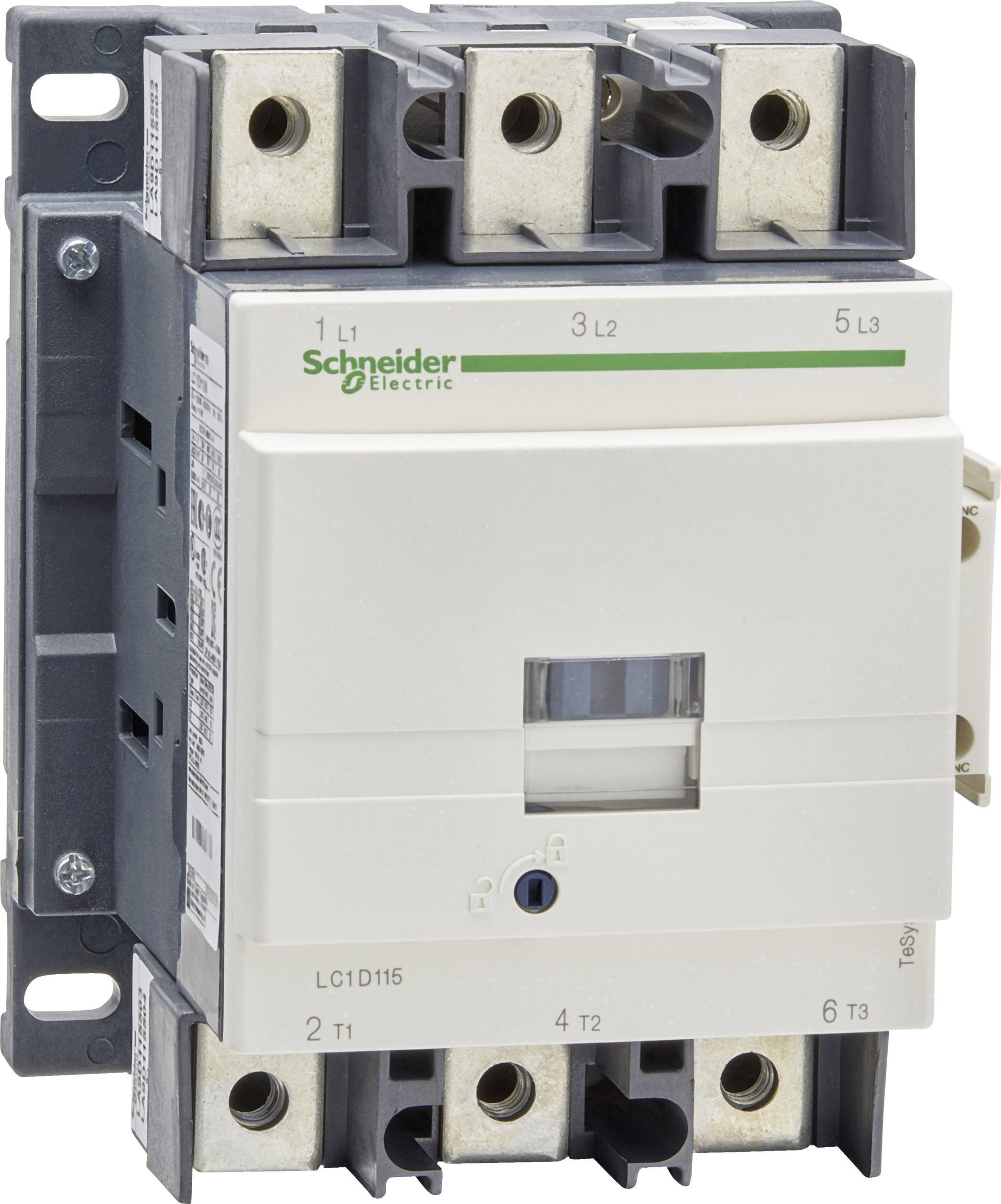 Trepolig effektrelä från Schneider Electric med modellnummer LC1D115 för industriella tillämpningar, visar anslutningar och typskylt.