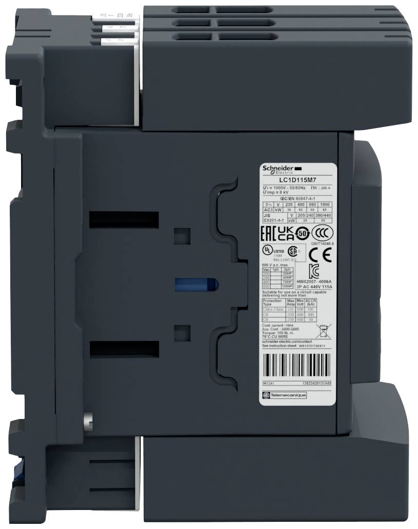 Industrirelä från Schneider Electric, modellnummer LC1D115M7. Det visar ett grått hölje med teknisk produktbeskrivning.