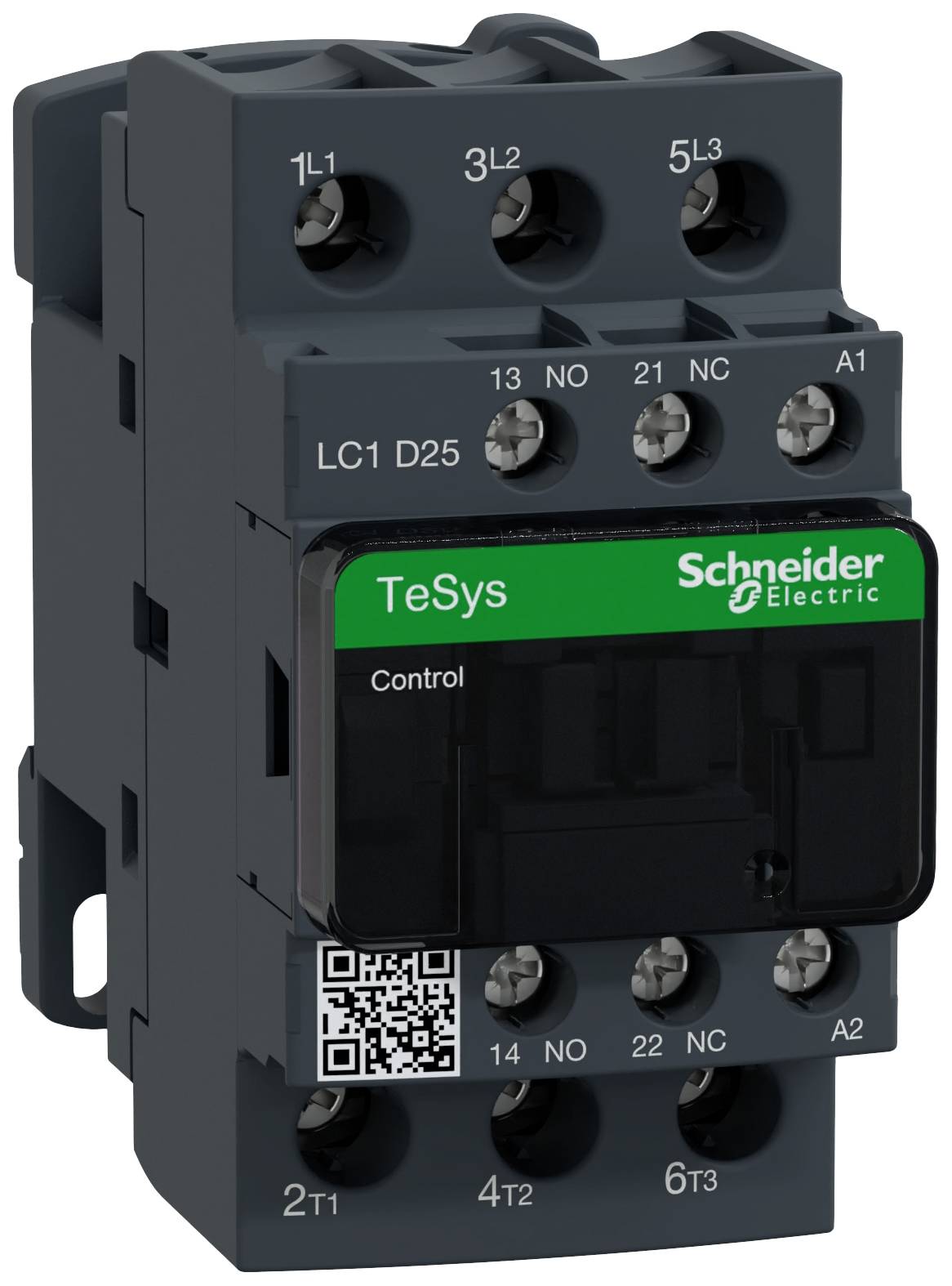 Schneider Electric TeSys-kontaktor, modell LC1 D25. Svart hölje, grön etikettering, QR-kod på framsidan.