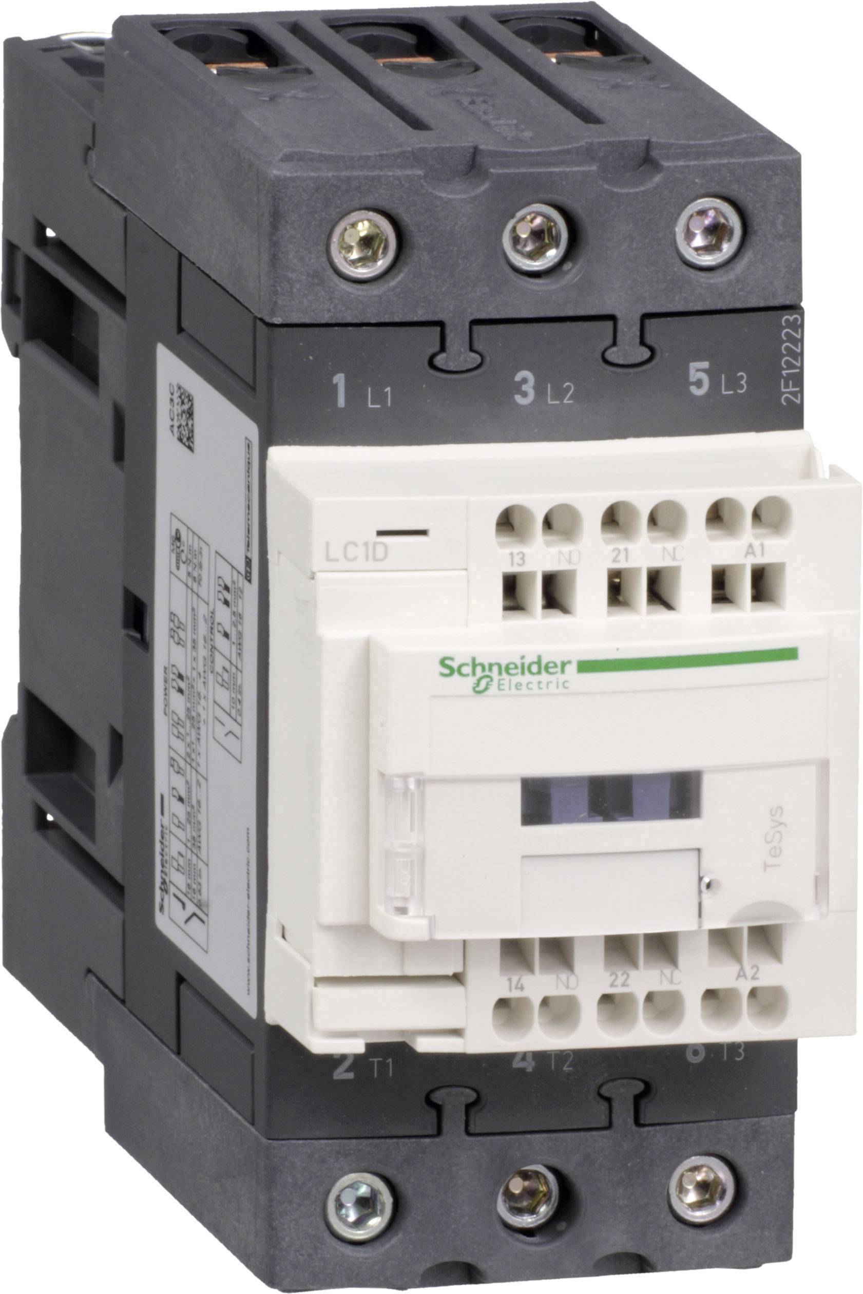 Kontaktor från Schneider Electric, modell TeSys, i svart-vit färg med anslutningsklämmor ovanpå och undertill.