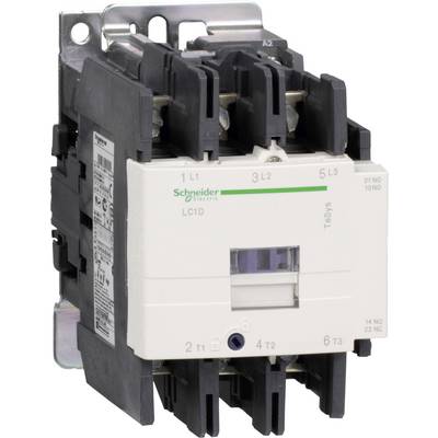 Bilden visar en svart och vit elektrisk kontaktor från Schneider Electric med modellnummer LC1D.