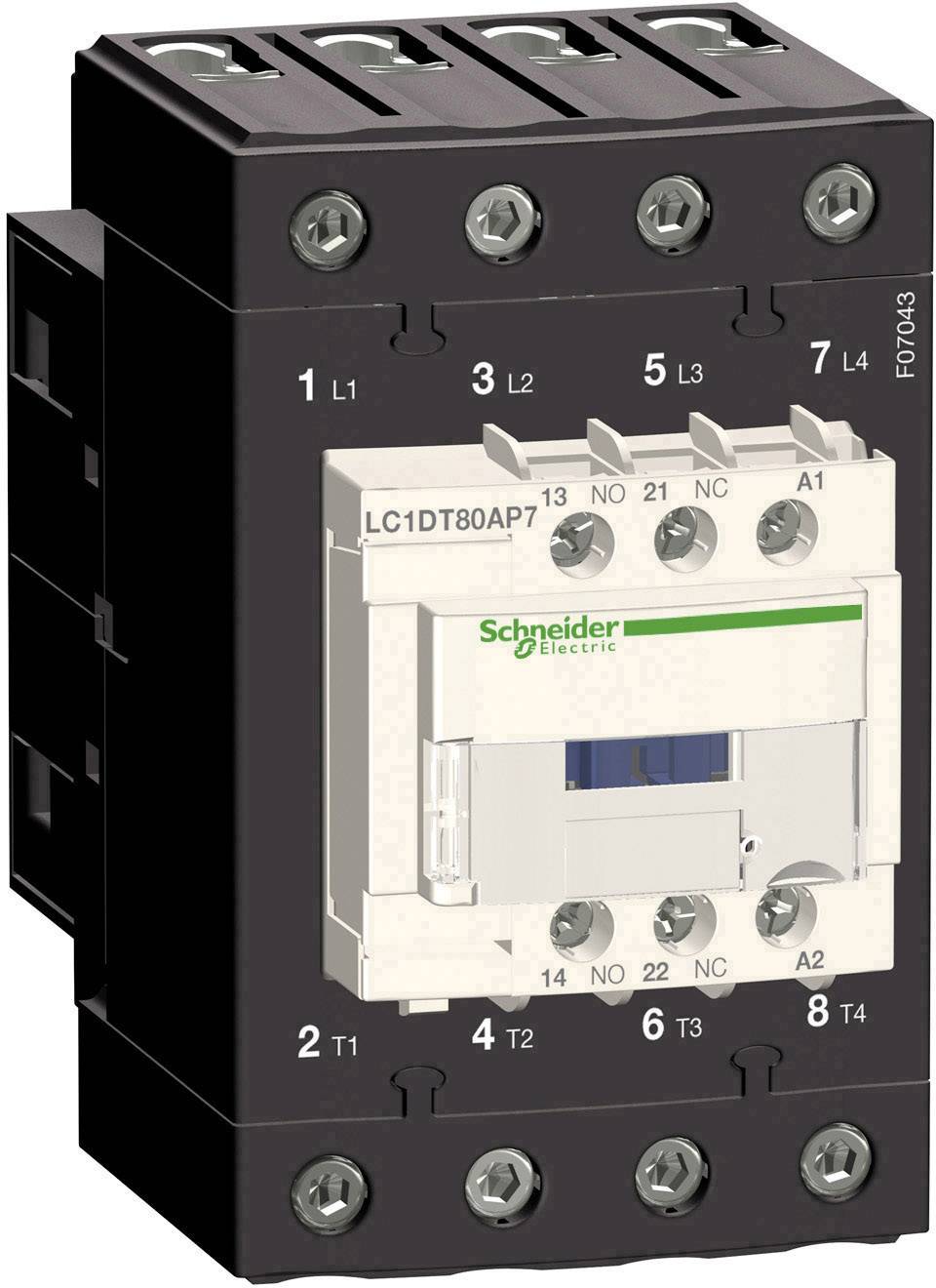 En kontaktor från Schneider Electric med märkningar för anslutningarna. Den används för styrning av elektriska kretsar.