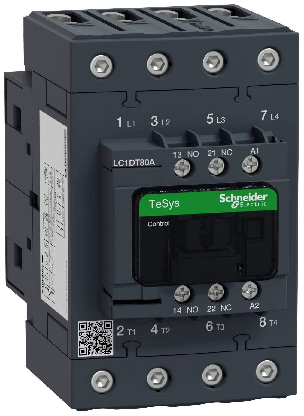Kontaktor från Schneider Electric ur TeSys-serien, modellnummer LC1DT80A, med anslutningsklämmor ovanför och nedanför.