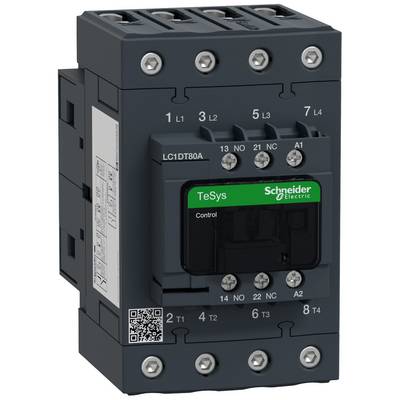 Kontaktor från Schneider Electric ur TeSys-serien, modellnummer LC1DT80A, med anslutningsklämmor ovanför och nedanför.