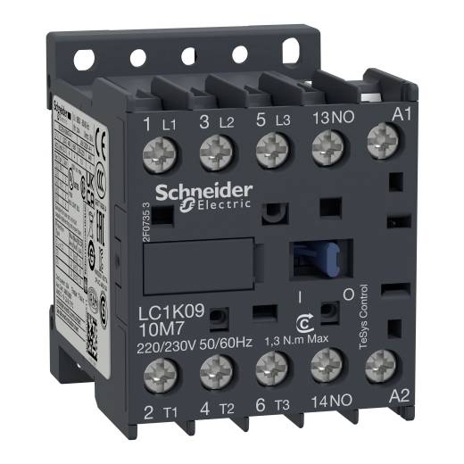 En elektrisk kontaktor från Schneider Electric, modell LC1K09, för styrning av 220/230V strömkretsar, visar anslutningsklämmor och tekniska detaljer.