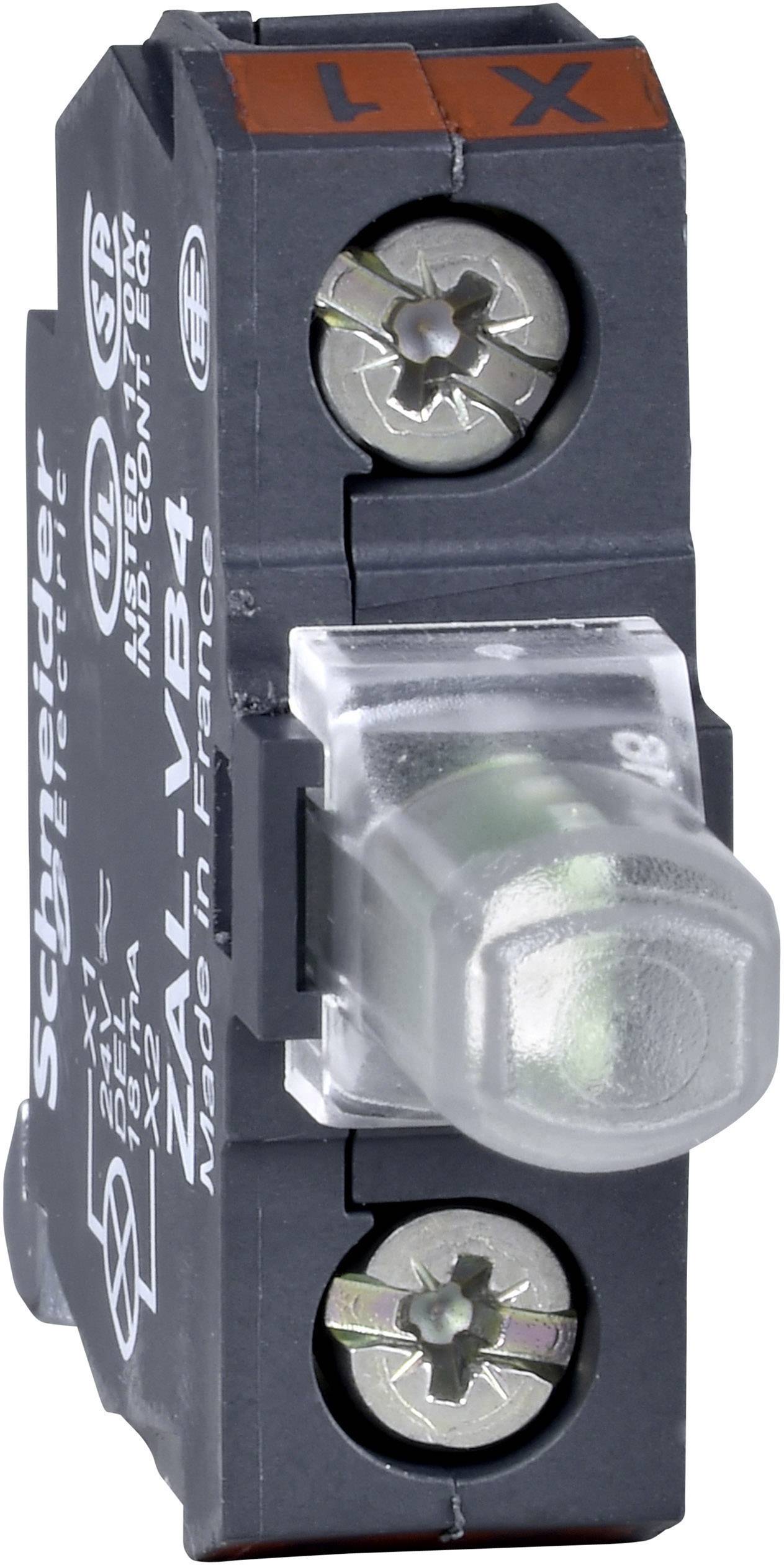 Illustration av en mekanisk switch med metallfäste och en transparent spak märkt med 'Schneider Electric ZAL-VB4'.