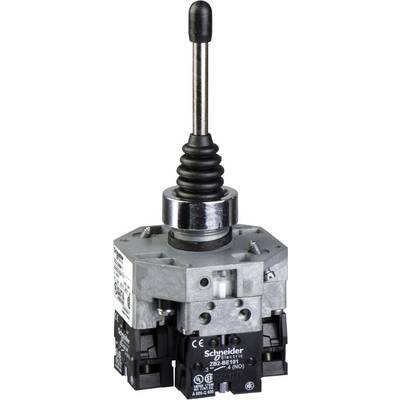 Joystick-switch från Schneider Electric; svart handtag; sexkantig hölje i silverfärg; etikett med teknisk text.