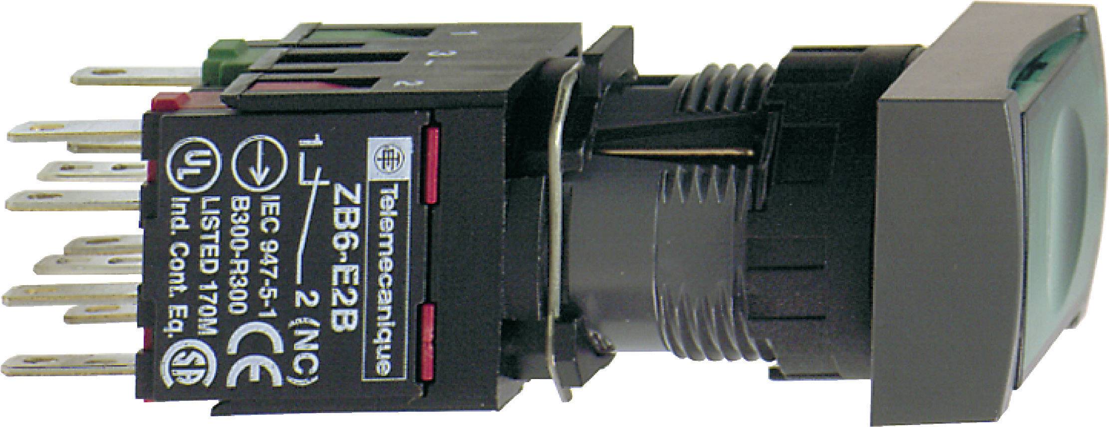 En elektrisk strömbrytare med flera kontaktdon och märkning 'Telemecanique'. Design: grått hölje och grön knapp.