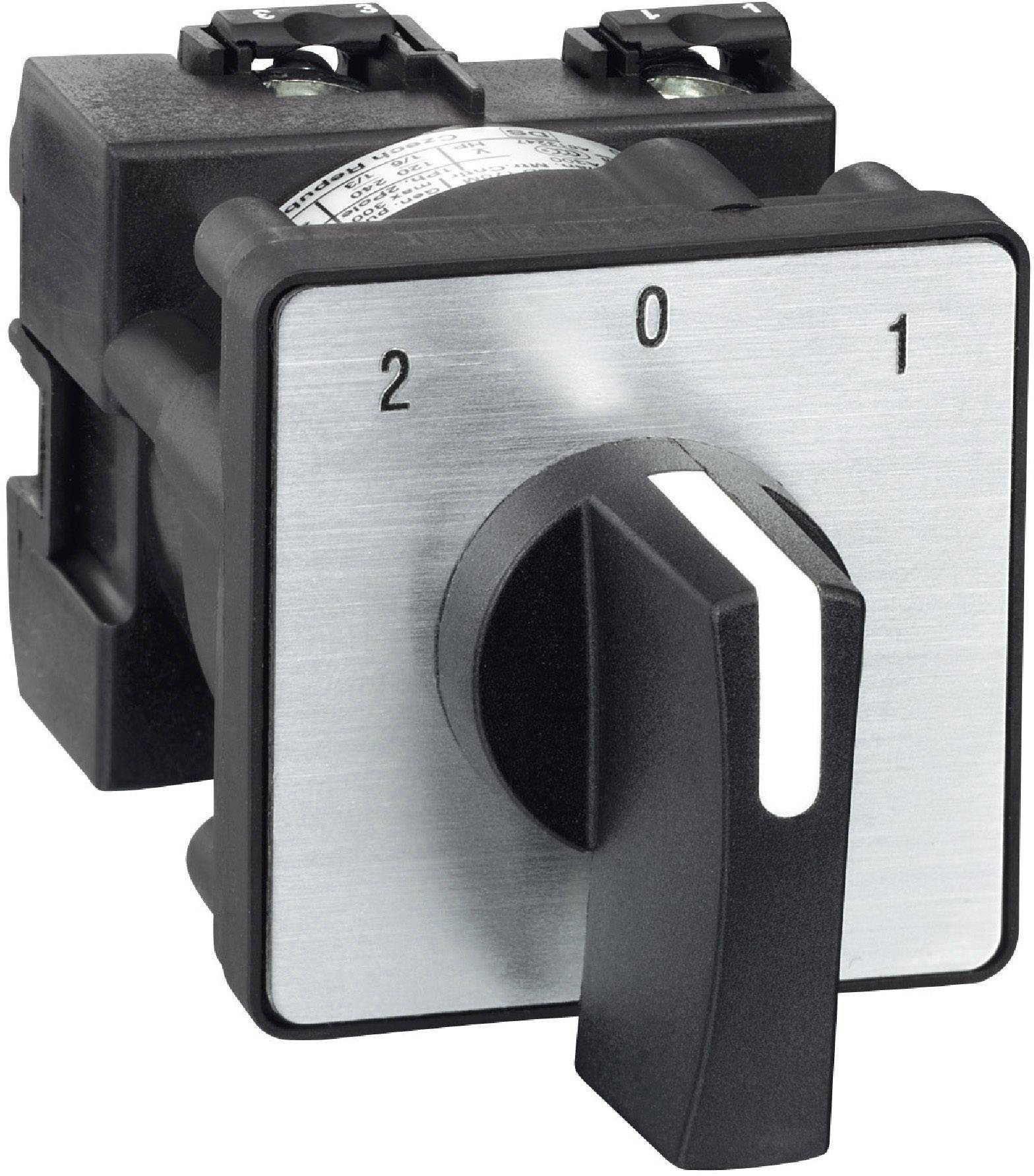 Vridströmställare märkt '0', '1', '2'. Den har en svart plastmanöverdon på en kvadratisk metallplatta.
