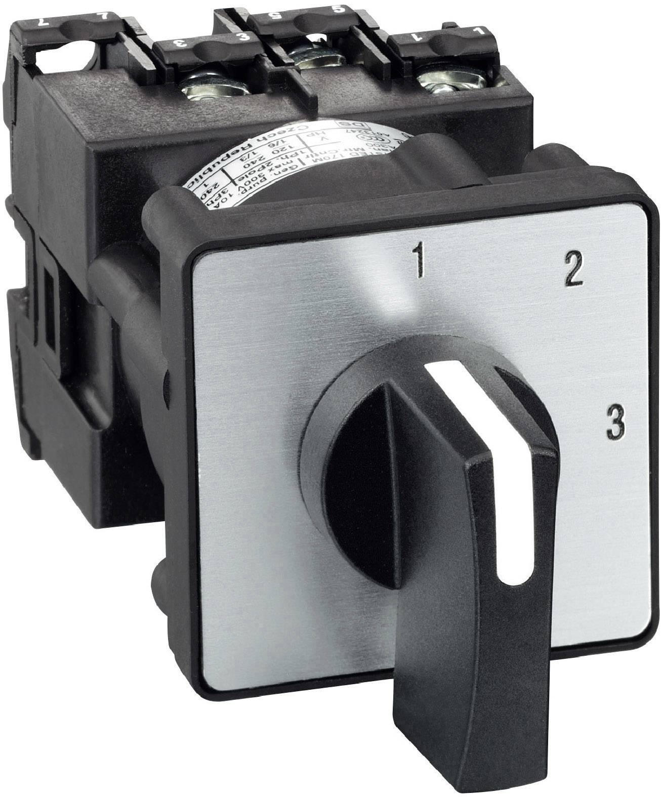 Strömbrytare med tre lägen. Numrering på framsidan: 1, 2, 3. Svart handtag på metallisk yta.