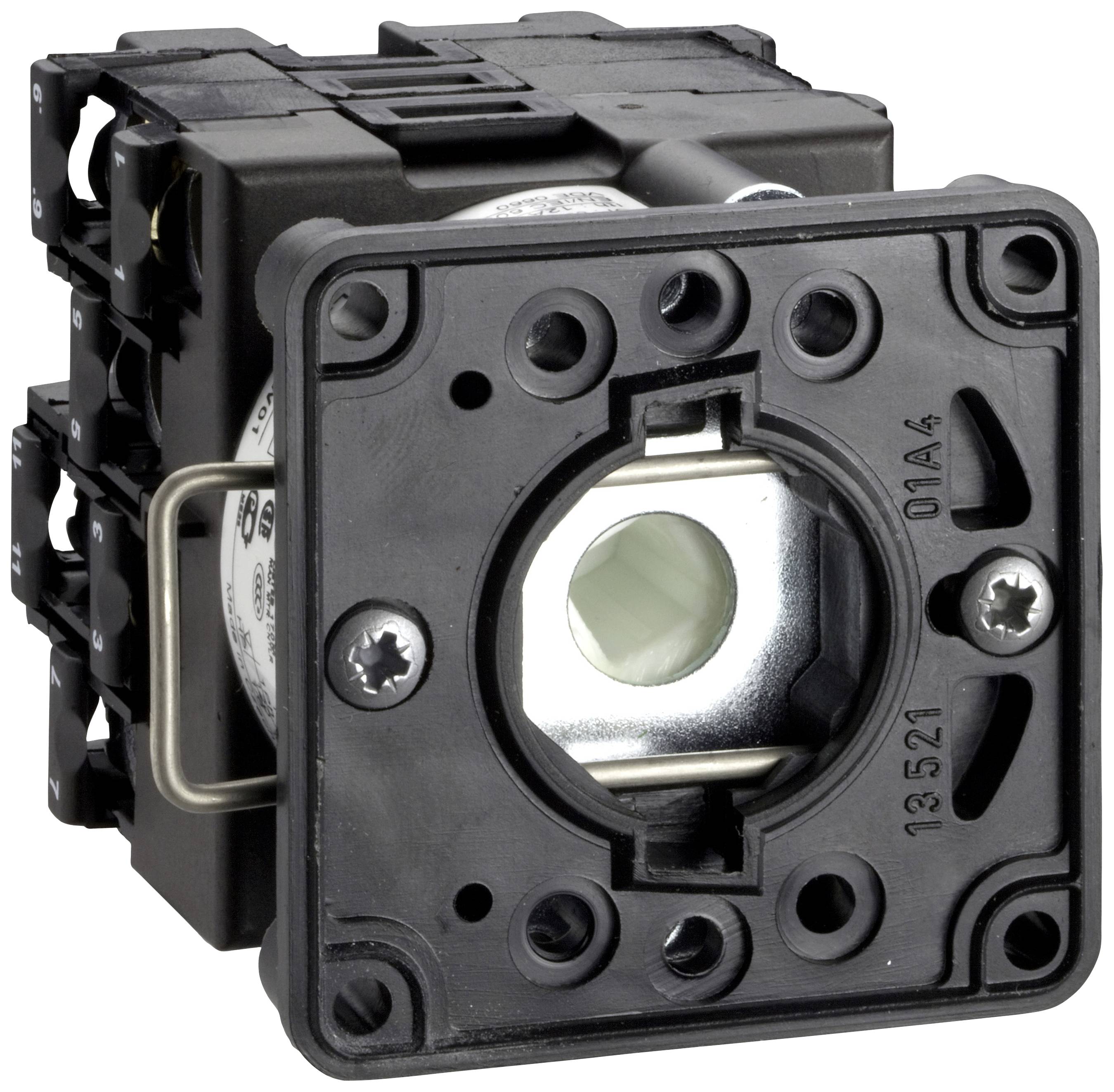 En svart, kvadratisk elektrisk switch med metallmittpunkt, skruvhål och anslutningsdon på sidorna.