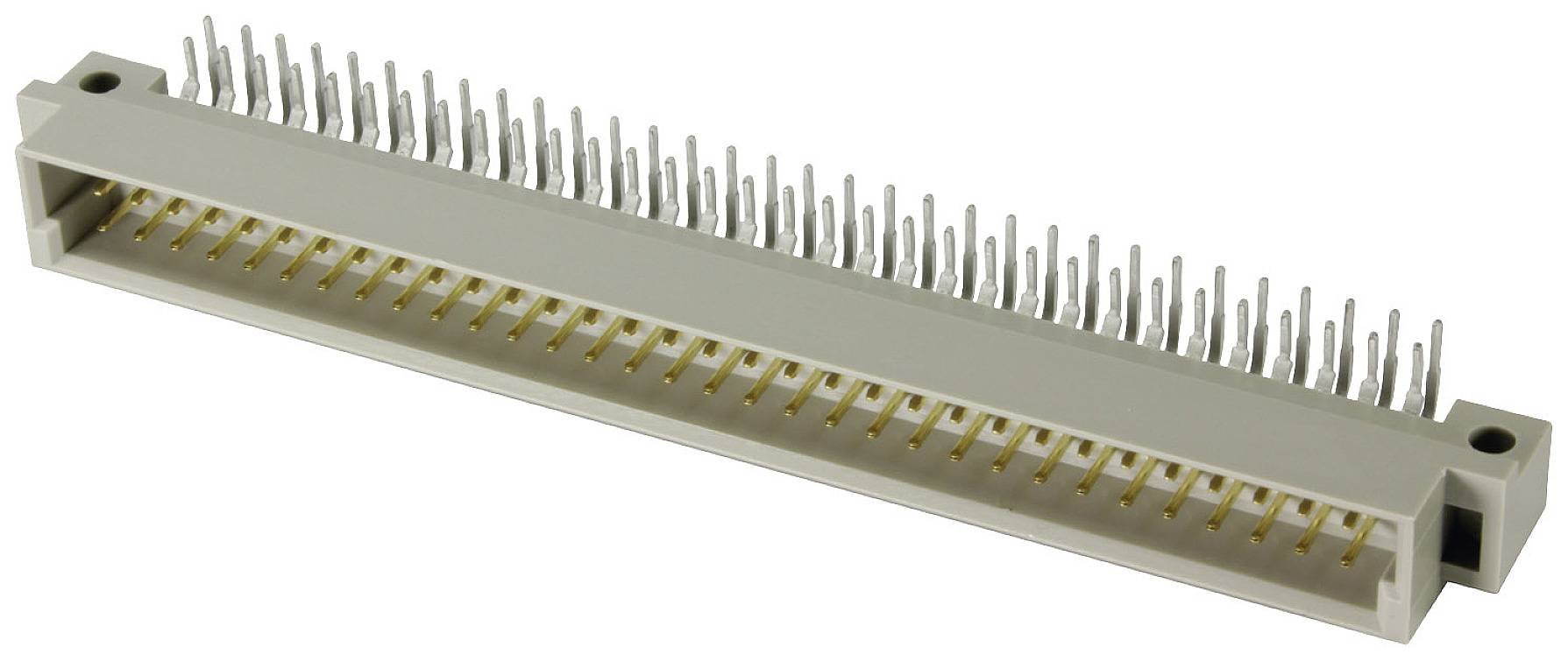 En elektronisk kontakt med parallella metallstift för montering på ett kretskort.