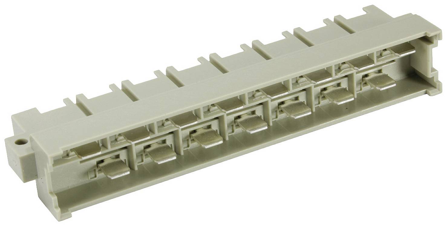 Ett grått patchpanel med åtta portar. Det används för organisering och anslutning av nätverks- eller telefonledningar.