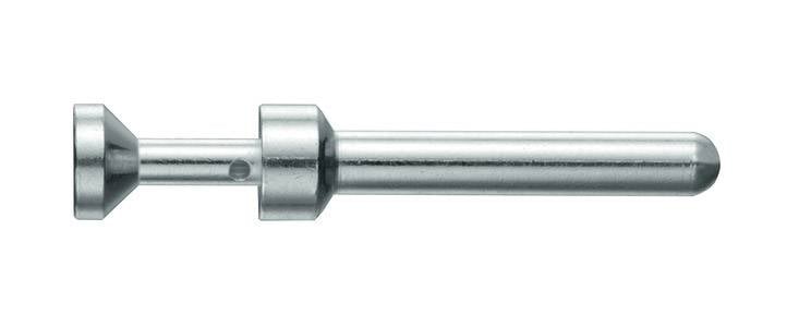 En silverfärgad, cylindrisk metallstång med ett bredare avsnitt i mitten och ett plant slut, mot en vit bakgrund.