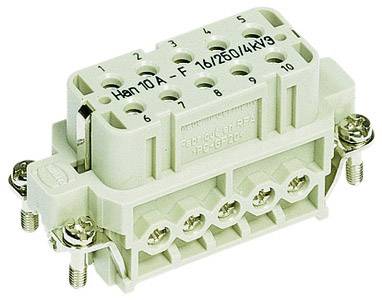 En rektangulär elektrisk kontakt med flera anslutningskontakter och märkningar för tekniska specifikationer.