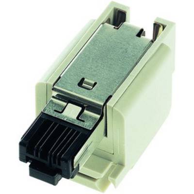 Närbild av en Keystone-jack med metallskärmning och plastinkapsling, lämplig för nätverksanslutningar med RJ45-kontakt.